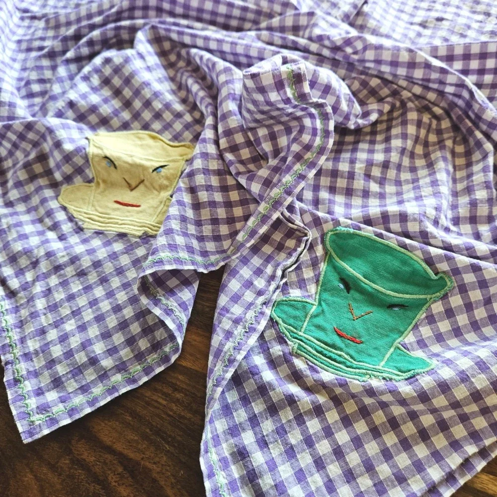 Vtg 40s 50s Small Handmade Gingham Tablecloth Purple White Tea Cup Party Novelty